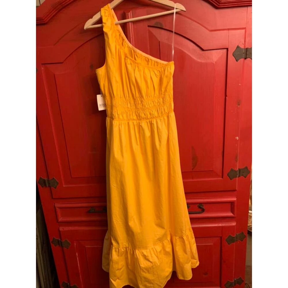 NWT Ana Size Large Florida Mango Color Off Shoulder Ruched Elastic Waist Dress